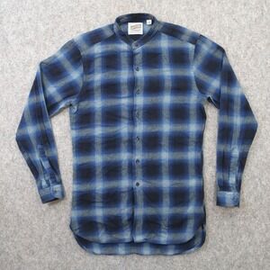 Naked & Famous Shirt Mens Small Blue Plaid Button Up Band Neck Flannel